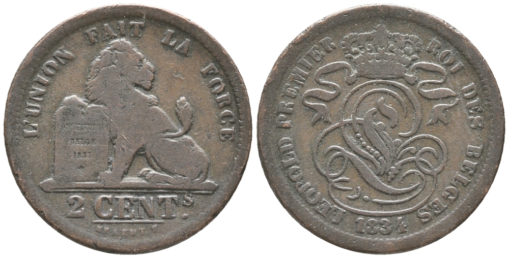 БЕЛЬГИЯ 2 САНТИМА 1834 KM 4.1 медь 34-341