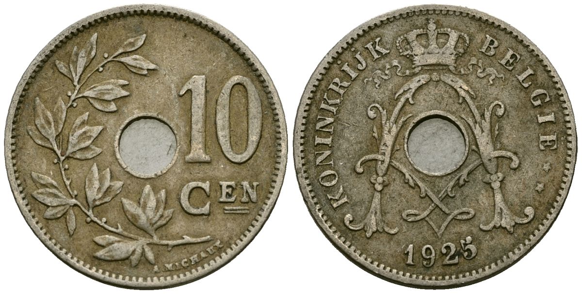 Бельгия 10 сантимов 1925 KM 53 медно-никель 4177-1056