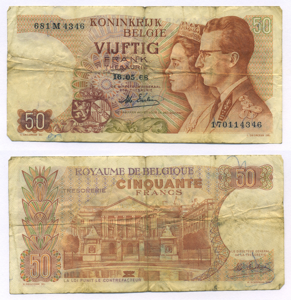 БЕЛЬГИЯ 50 ФРАНКОВ 1966 16 МАЯ 1966, ПОДПИСЬ 19, КОРОЛЬ БОДУЭН И КОРОЛЕВА ФАБИОЛА Pick 139 бумага 7205-10-1