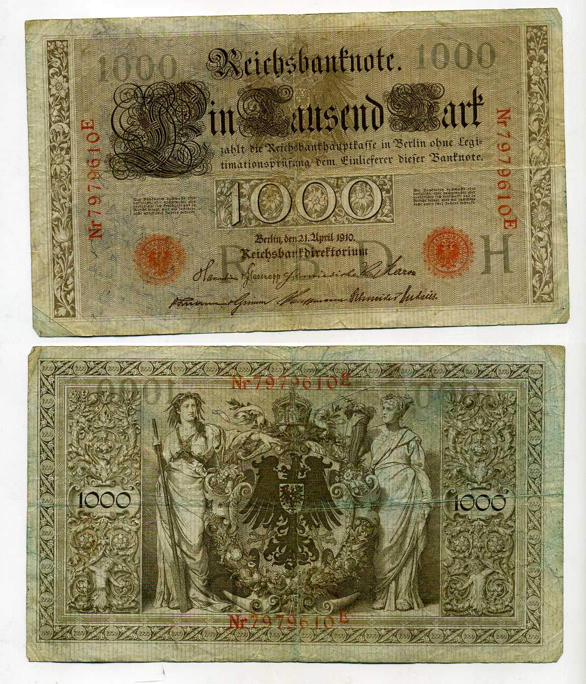 Германия 1000 марок 1910 красная печать, 7 значный номер Pick 44 b  бумага   8610-37-1-2