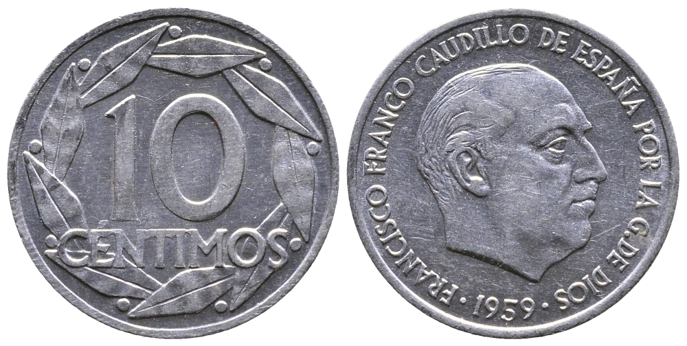 Испания 10 сентимо 1959 Франсиско Франко (1939-1975) KM 790 алюминий 26-936