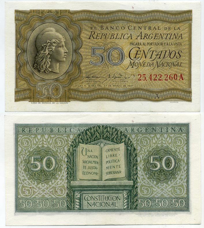 АРГЕНТИНА 50 СЕНТАВО 1950 СЕРИЯ A 25422 Pick 259а UNC (ПРЕСС) 445-11-2