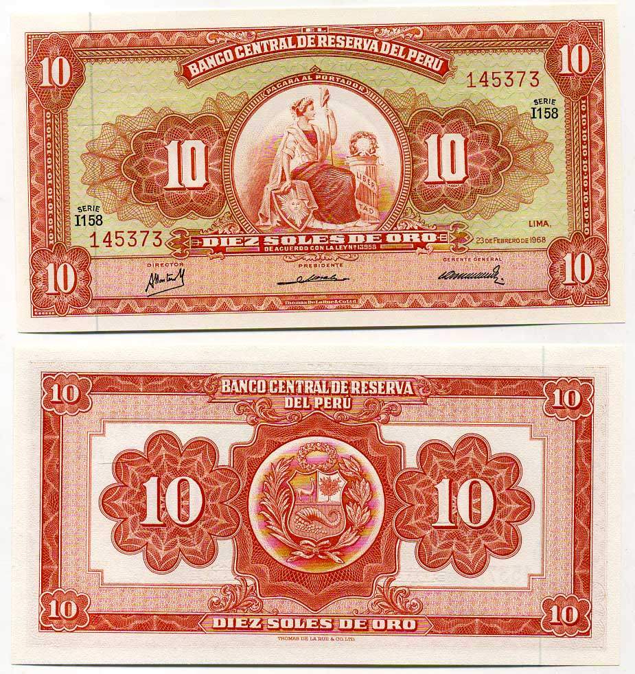 Перу 10 солей 1968 сидящая свобода, Thomas de la Rue Pick 84a бумага UNC (пресс) 445-77-3