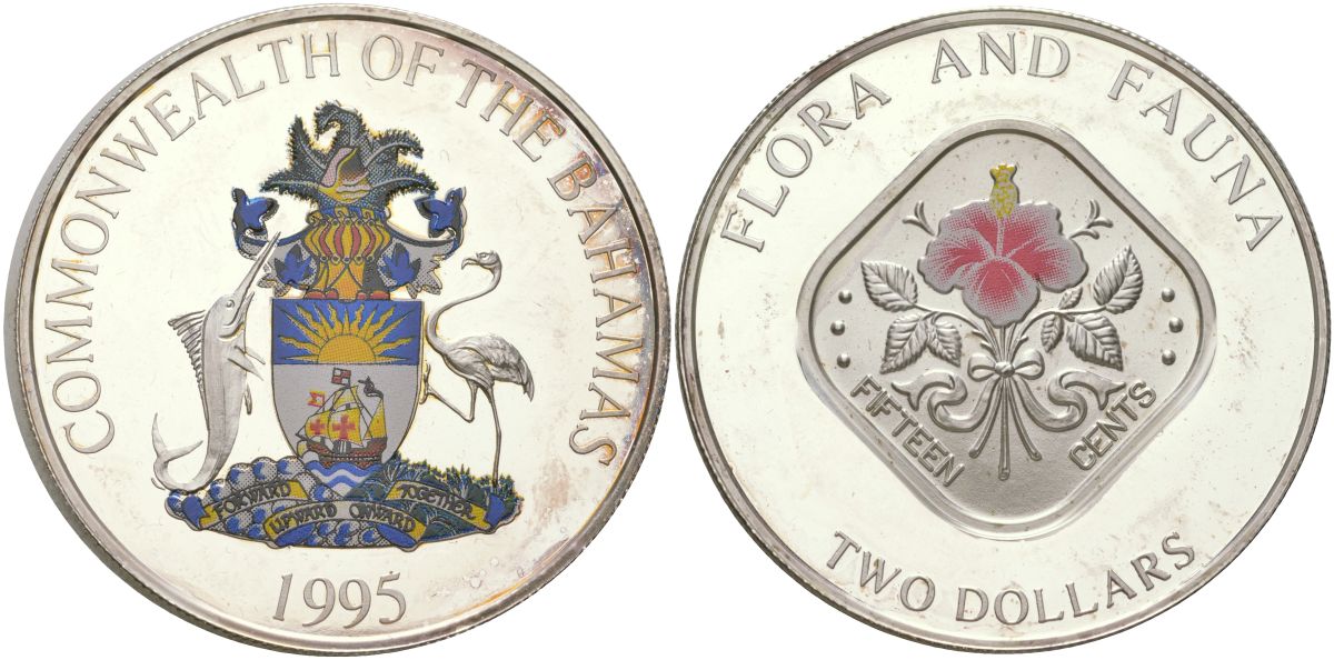 Багамские острова 2 доллара 1995 Флора и фауна, Гибискус, Екатерина II (1952-2022) KM 164 серебро, эмаль PROOF 4552-724