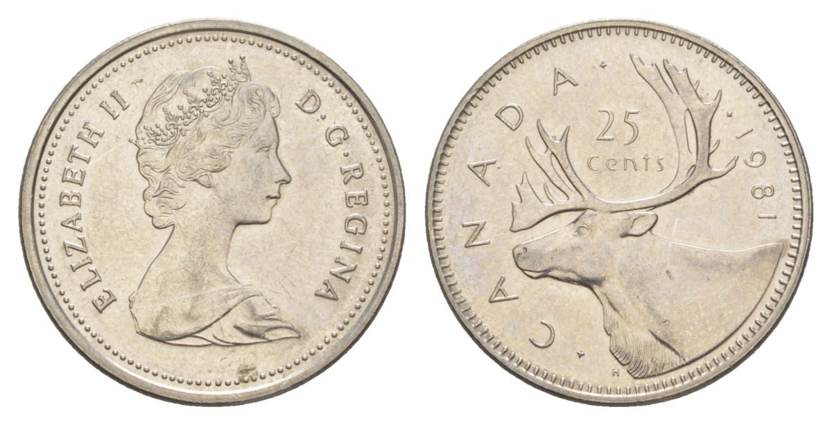 Канада 25 центов 1981 Елизавета II (1952-2022), олень KM 74 никель aUNC 4631-627