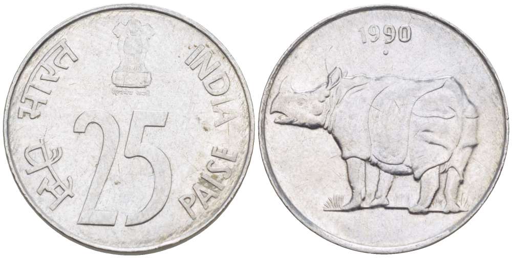 Индия 25 пайсов 1990 точка, носорог KM 54 нержавеющая сталь 100-814