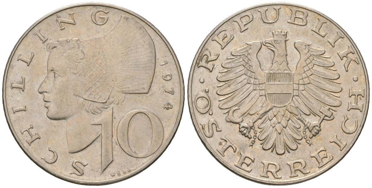 Австрия 10 шиллингов 1974 KM 2918 медно-никель 4589-454