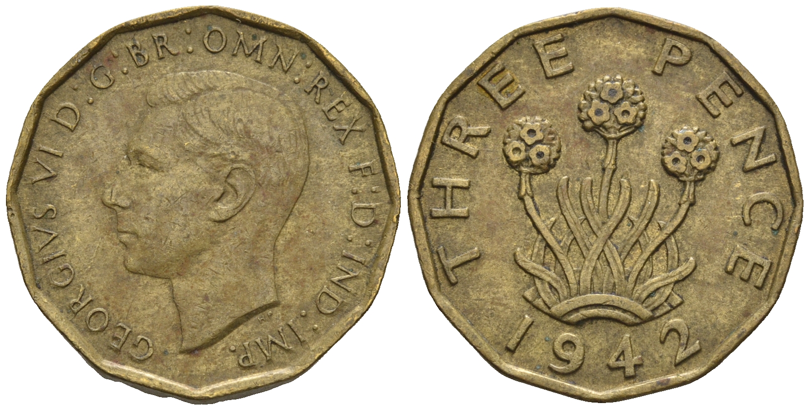 Великобритания 3 пенса 1942 Георг VI (1936-1952) KM 849, Spink 4112 никель латунь 177-727