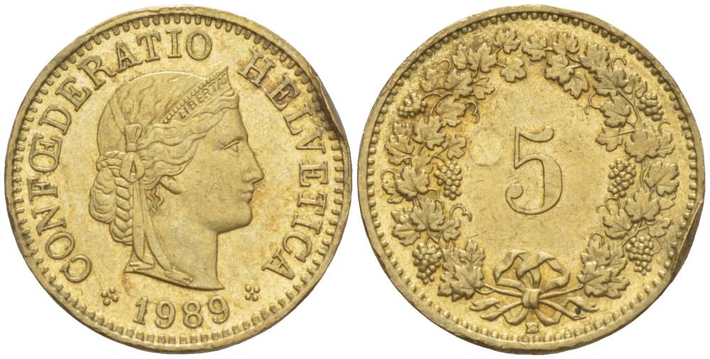 ШВЕЙЦАРИЯ 5 РАППЕНОВ 1989 KM 26с алюминий латунь 4549-144