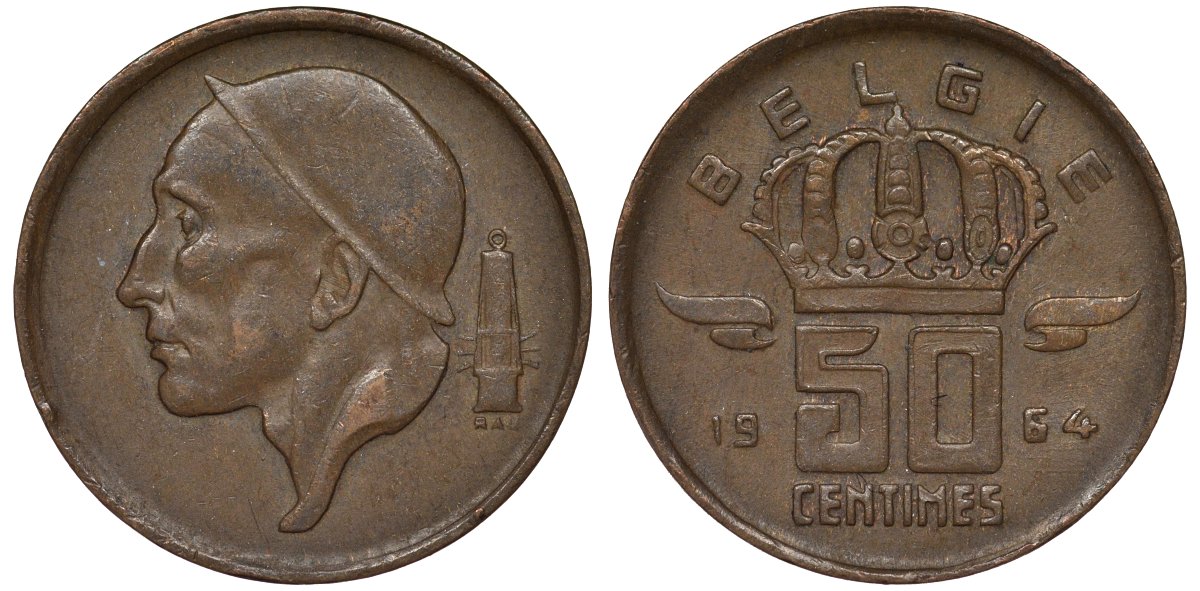 Бельгия 50 сантимов 1954 Belgie KM 149 бронза 4124-546