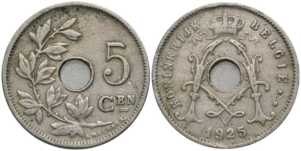 Бельгия 5 сантимов 1925 Belgie KM 67 медно-никель 27-112