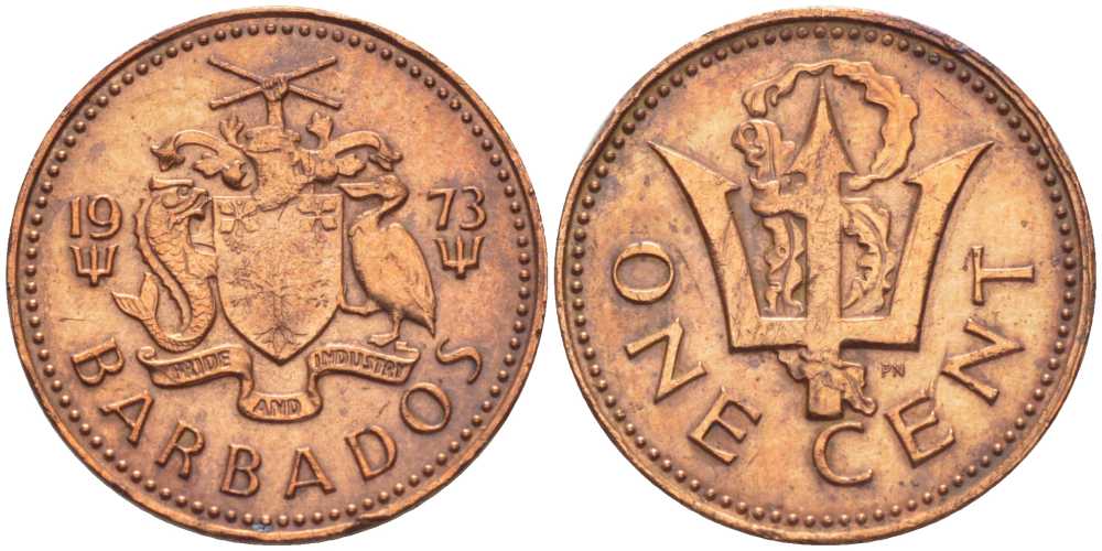 Барбадос 1 цент 1973 сломанный трезубец Британии KM 10 бронза 105-524