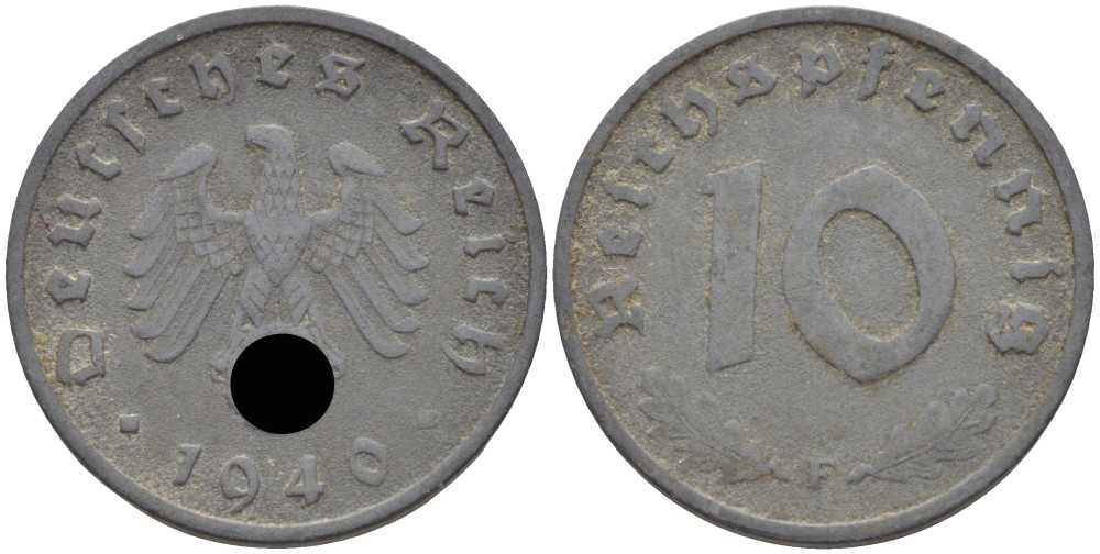 ГЕРМАНИЯ 10 РЕЙХСПФЕННИГОВ 1940 F KM 101, J. 371 цинк 4401-854