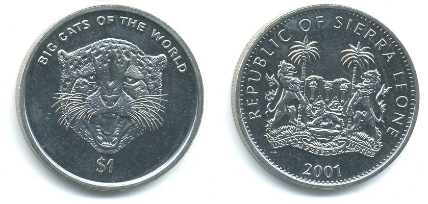 Сьерра-Леоне 1 доллар 2001 серия защита окружающей среды, леопард медно-никель UNC 00-00