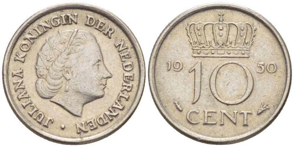 НИДЕРЛАНДЫ 10 ЦЕНТОВ 1950 ЮЛИАНА (1948-1980) KM 182 никель 214-1137