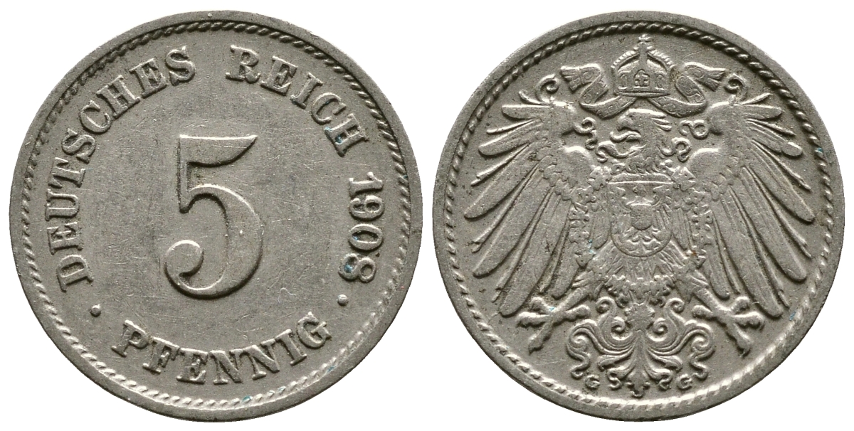 Германия 5 пфеннигов 1908 G KM 11, Jager 12, Weege 6 медно-никель 4364-133