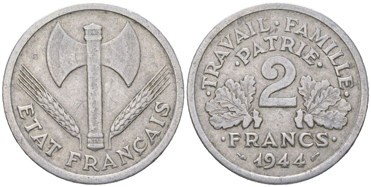 Франция 2 франка 1944 KM 904 алюминий 4616-835