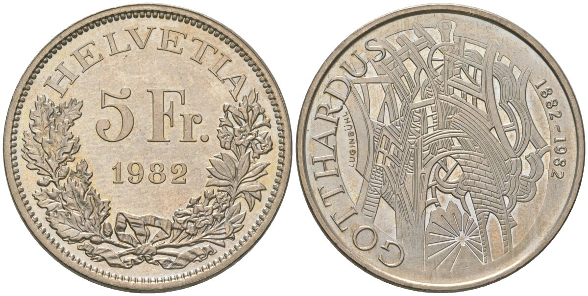 Швейцария 5 франков 1982 100 лет со дня открытия Готардского туннеля KM 61 медно-никель  UNC  4593-926