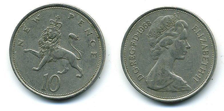 Великобритания 10 пенсов 1968 Елизавета II (1952-2022) KM 912, Spink 4231 (F1) медно-никель  4110-1122