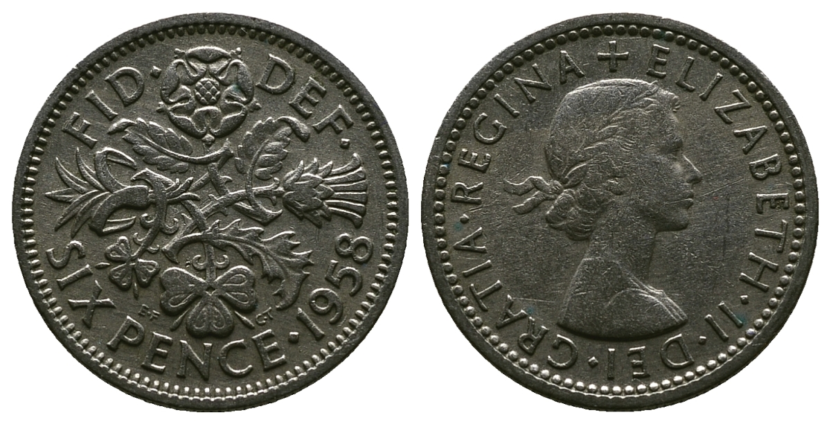 Великобритания 6 пенсов 1958 Елизавета II (1952-2022) KM 903, Spink 4149 медно-никель 4381-713