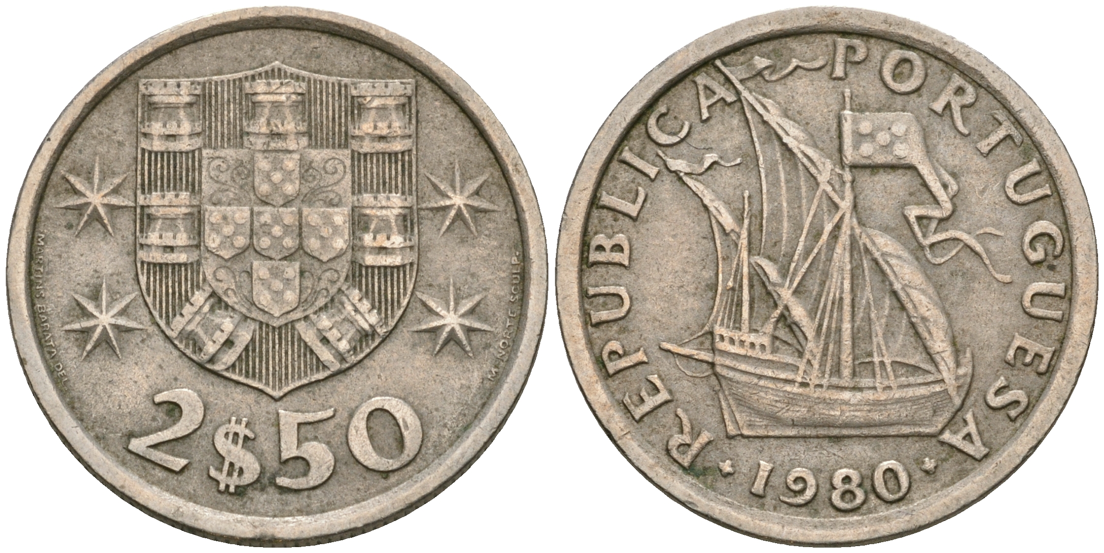 Португалия 2,5 эскудо 1980 парусник KM 590 медно-никель 08-1314