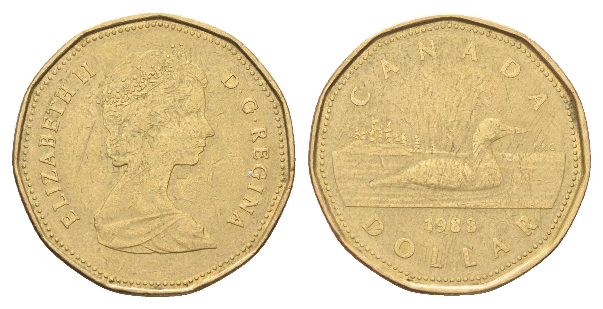 Канада 1 доллар 1988 Елизавета II (1952-2022), утка KM 157 никель плакированный позолоченной бронзой 4706-714