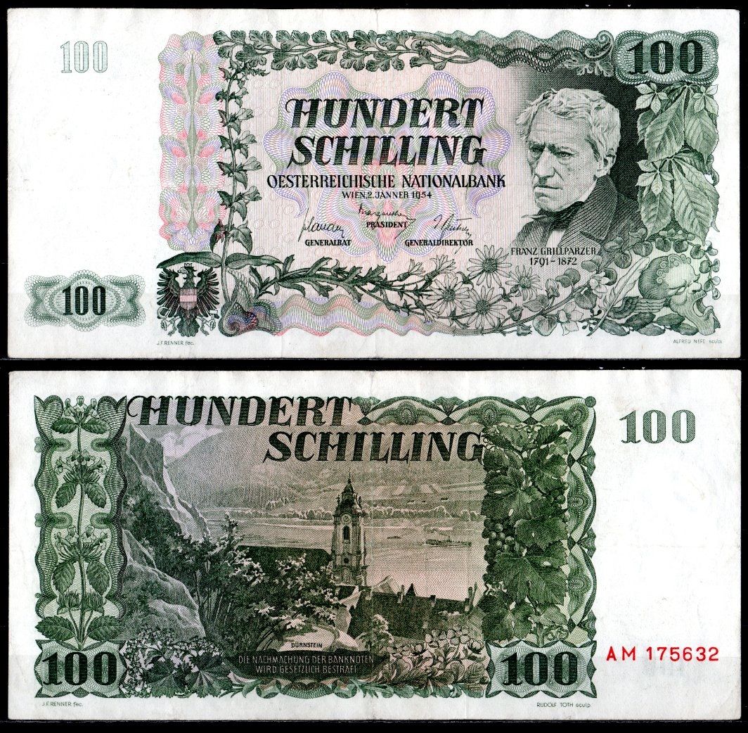Австрия 100 шиллингов 1954 Франц Грильпарцер Pick 133 a бумага 451-1084-2