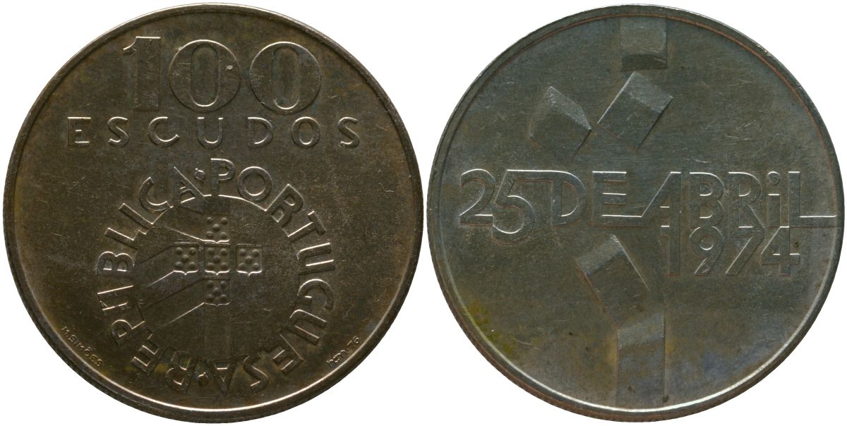 Португалия 100 эскудо 1976 INCM, Революция гвоздик (25 de Abril 1974) KM 603 серебро BUNC 4583-123