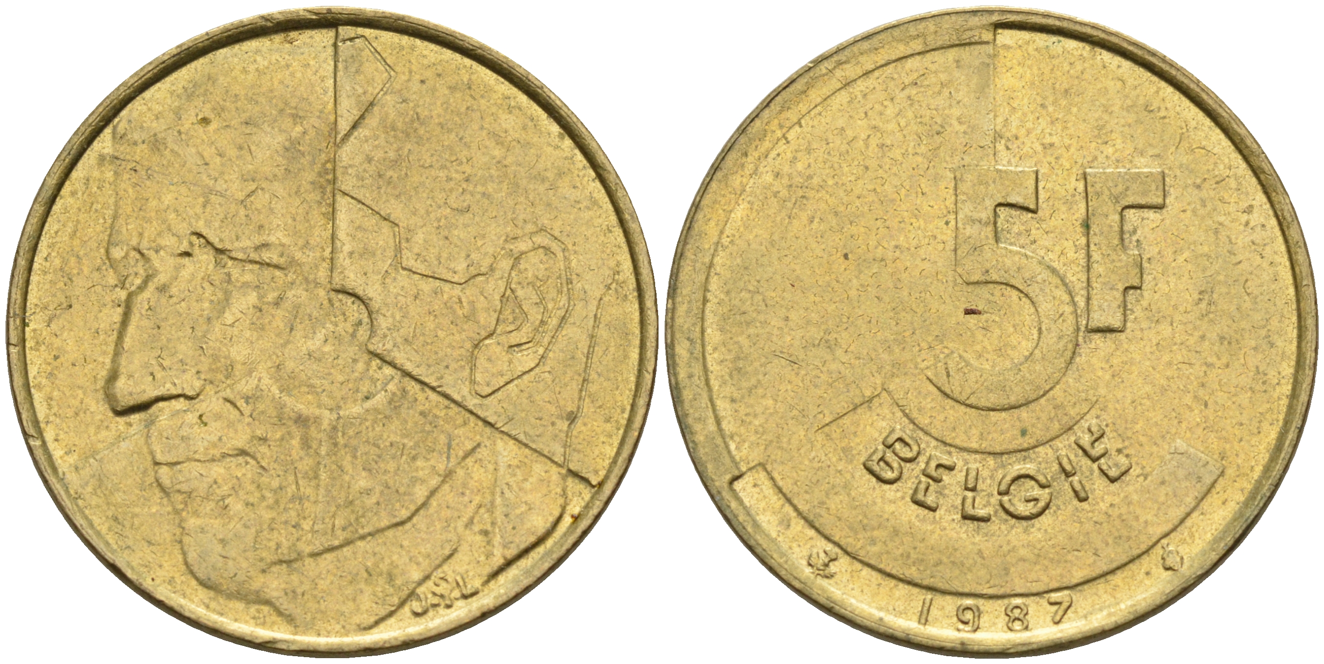 Бельгия 5 франков 1987 Belgie KM 164 латунь алюминиевая бронза    4592-1232