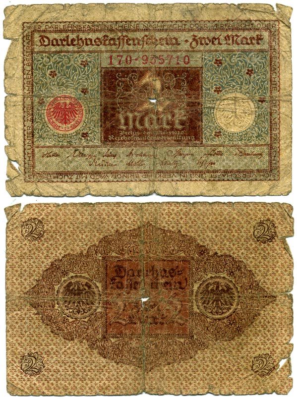 ГЕРМАНИЯ 2 МАРКИ 1920 1 МАРТА 1920, ВЕЙМАРСКАЯ РЕСПУБЛИКА, КОРИЧНЕВАЯ, СЕРИЯ 170 Pick 60, Rosenberg 65a бумага 3295-85-2-1