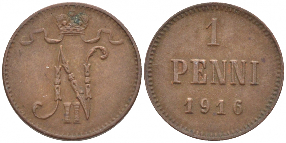 РОССИЯ ДЛЯ ФИНЛЯНДИИ 1 ПЕННИ 1916 НИКОЛАЙ II (1895-1917) KM 13, Биткин 476 медь 211-1064