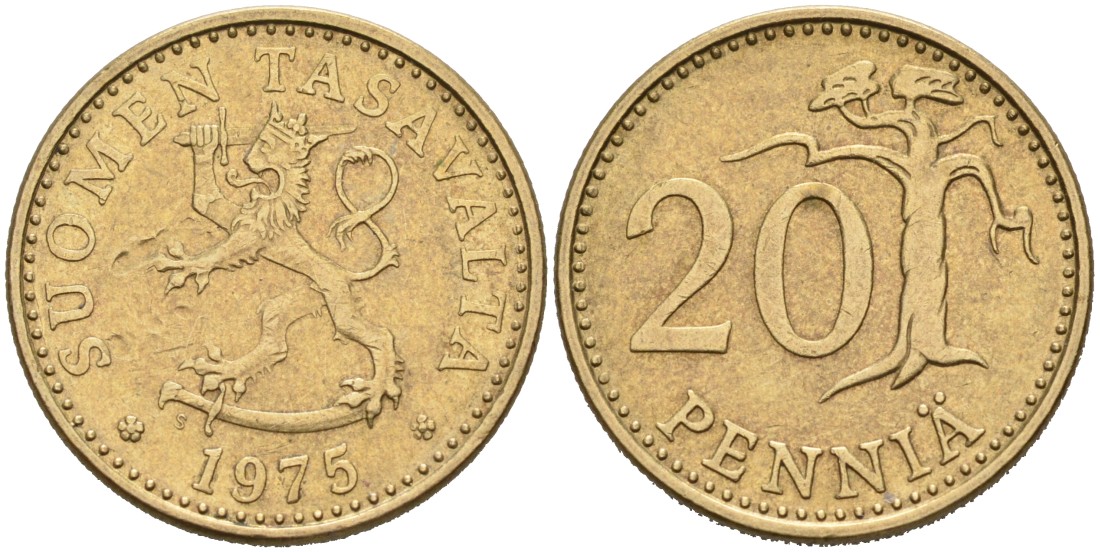 ФИНЛЯНДИЯ 20 ПЕННИ 1975 S KM 47 алюминиевая бронза 4563-322