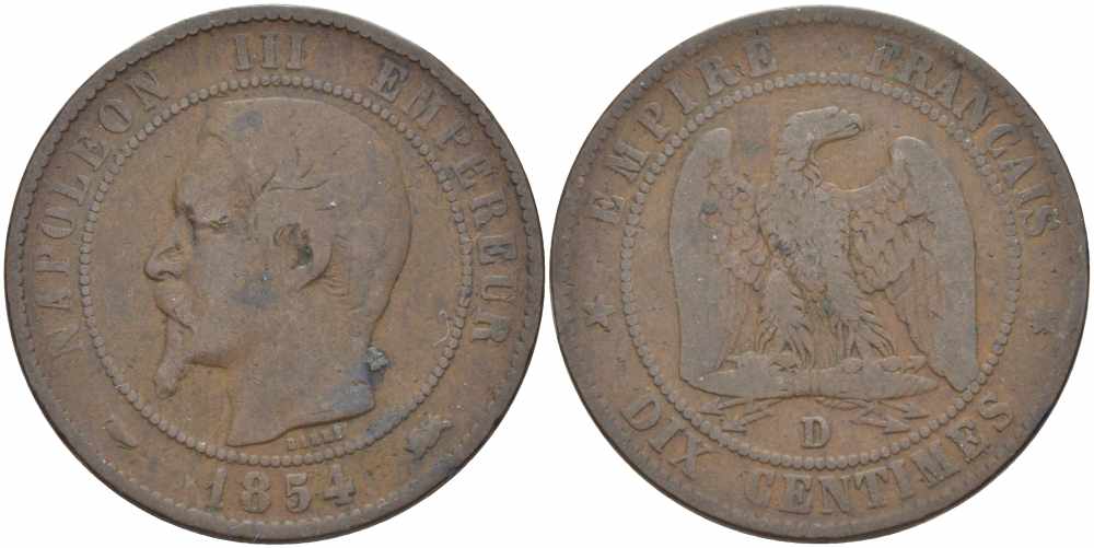 ФРАНЦИЯ 10 САНТИМОВ 1854 D, НАПОЛЕОН III (1852-1870) KM 771.4, LE FRANC 133.14 бронза 38-945