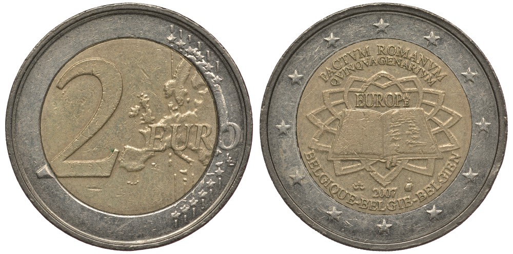 БЕЛЬГИЯ 2 ЕВРО 2007 50 ЛЕТ РИМСКОМУ ДОГОВОРУ KM 247 биметалл 4384-1243