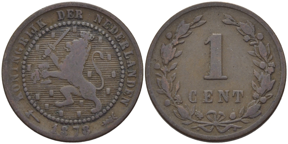 Нидерланды 1 цент 1878 Виллем III (1849-1890) KM 107 бронза 4387-1266