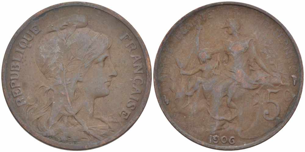 ФРАНЦИЯ 5 САНТИМОВ 1906 ТИП ДАНИЭЛЬ ДЮПЮИ KM 842, LE FRANC 119.16 бронза 108-847