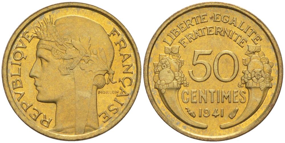 Франция 50 сантимов 1941 тип Морлон KM 894.1, Le Franc 192.18 алюминиевая бронза 44-413