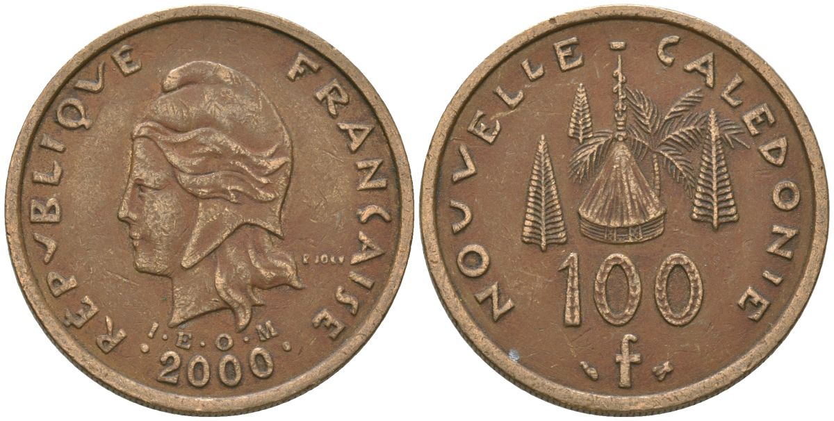 Французская Новая Каледония 100 франков 2000 хижина среди сосен и пальм, (IEOM) KM 15, Schoen 16, Lec 139d никель бронза 97-145