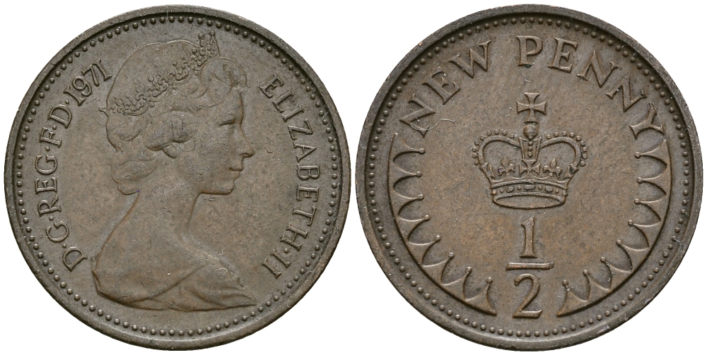 Великобритания 1/2 пенни 1971 Елизавета II (1952-2022) KM 914, Spink 4239 бронза 176-611