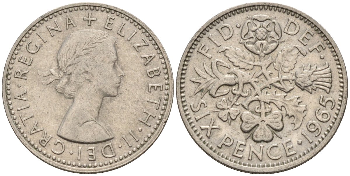 Великобритания 6 пенсов 1965 Елизавета II (1952-2022) KM 903, Spink 4149 медно-никель 4596-1048