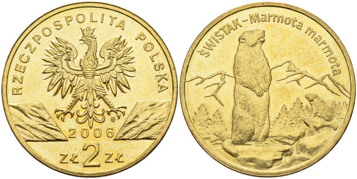 Польша 2 злотых 2006 MW, серия всемирная природа, альпийский сурок KM 534, Parchimowicz 988 нордик UNC 4676-343