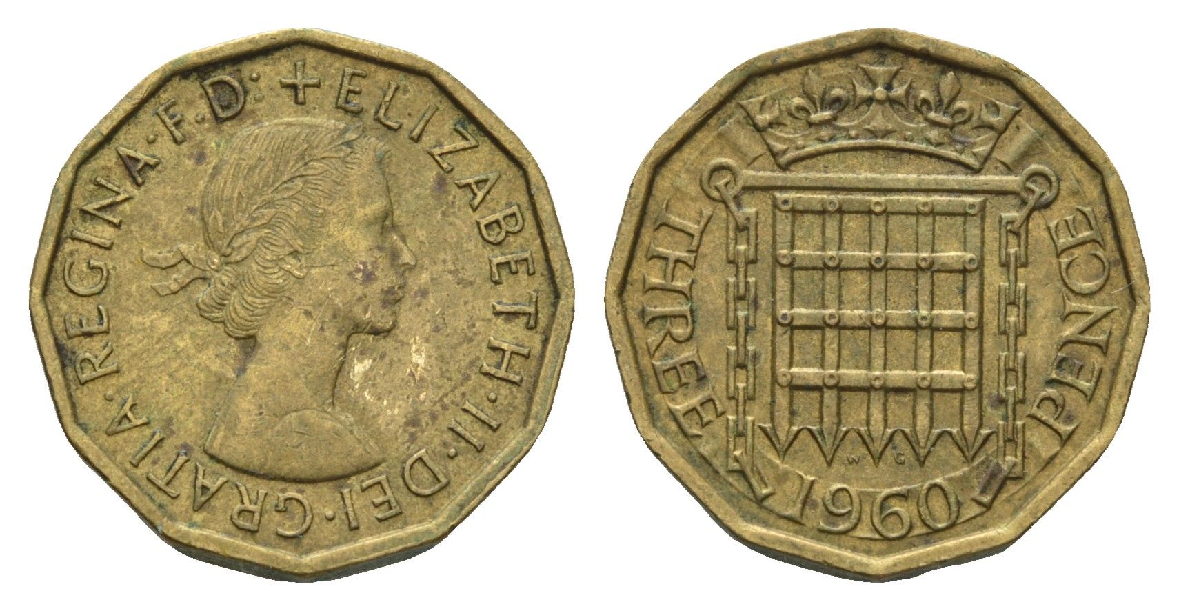 Великобритания 3 пенса 1960 Елизавета II (1952-2022) KM 900, Spink 4153 никель латунь 85-621
