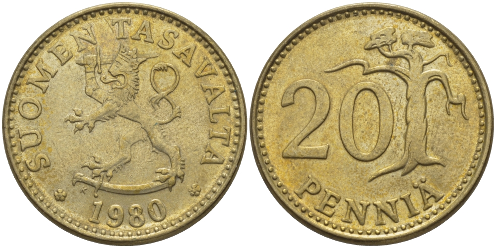 ФИНЛЯНДИЯ 20 ПЕННИ 1980 К KM 47 алюминиевая бронза 28-135