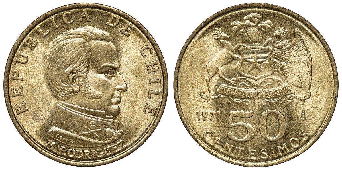 Чили 50 сентесимо 1971 KM 196 алюминиевая бронза aUNC M55-15