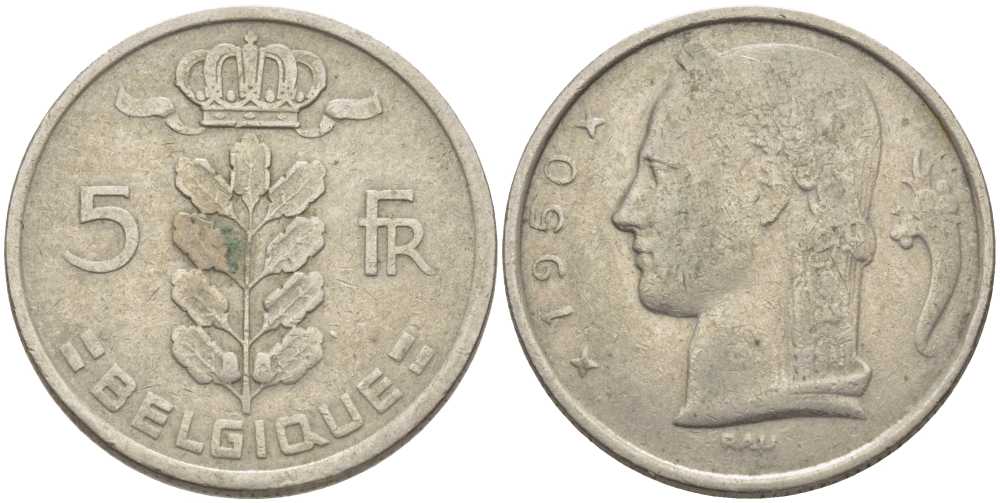 БЕЛЬГИЯ 5 ФРАНКОВ 1950 BELGIQUE, ЛЕОПОЛЬД III (1934-1950) KM 134.1 медно-никель 119-716