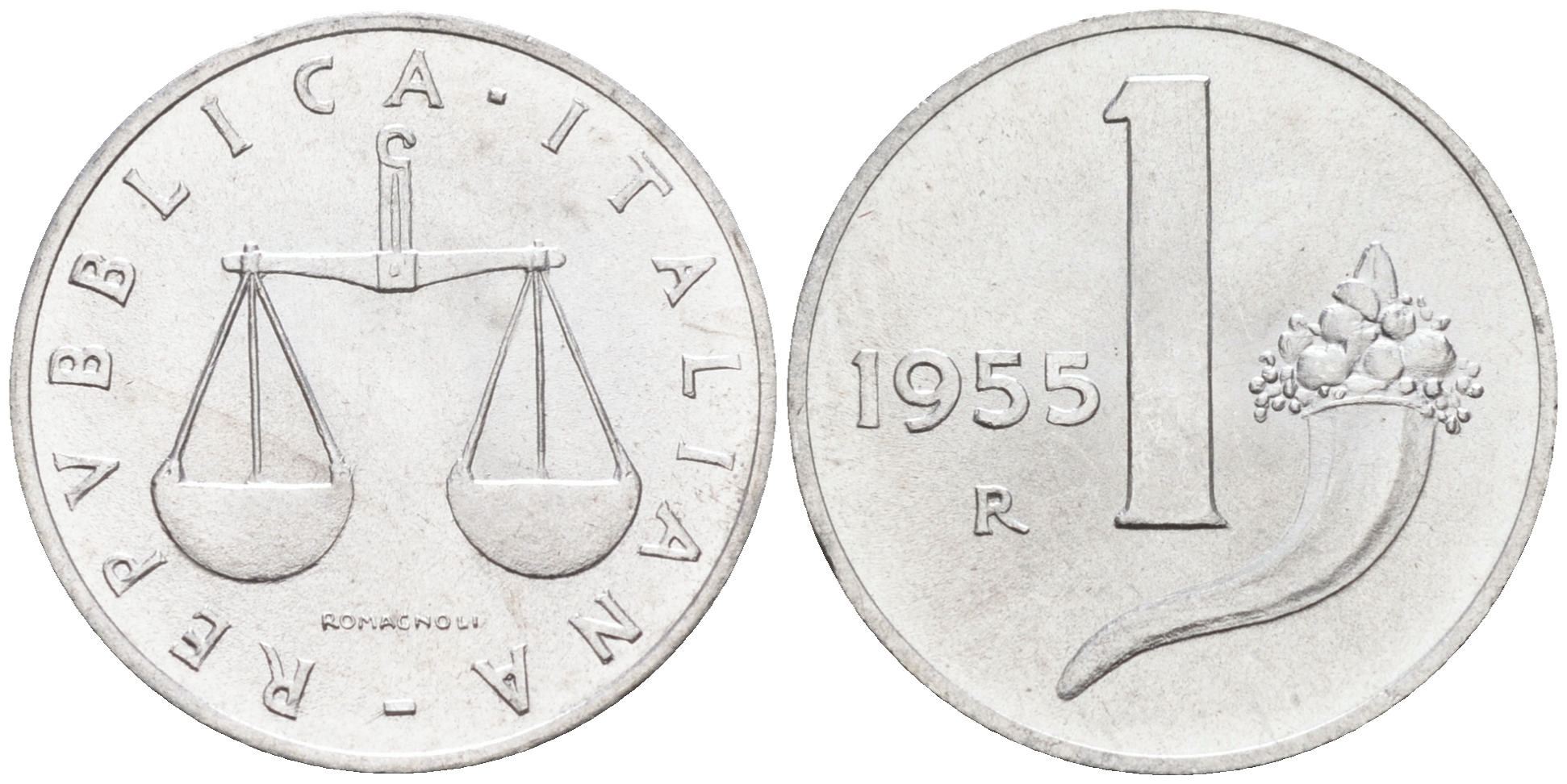 Италия 1 лира 1955 R, весы KM 91 алюминий  UNC  4594-655