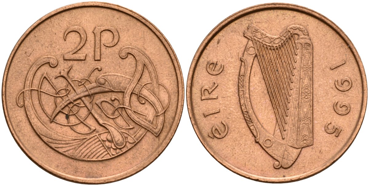 Ирландия 2 пенсов 1995 Виньетка в виде стилизованной птицы из второй библии Карла II Лысого KM 21a бронза 4140-314