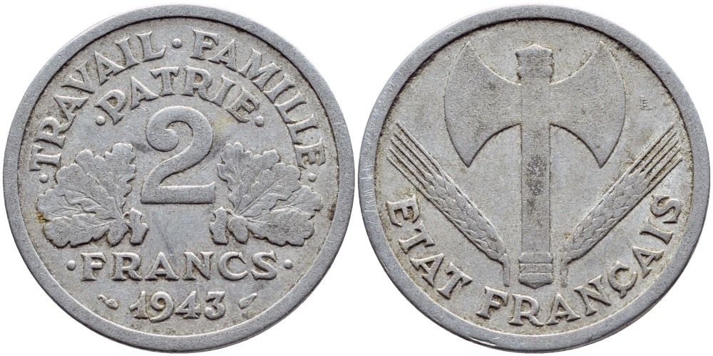 Франция 2 франка 1943 правительство Виши KM 904.1 алюминий 4397-732