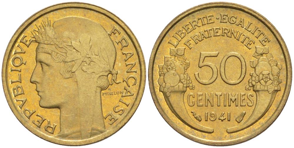ФРАНЦИЯ 50 САНТИМОВ 1941 ТИП MORLON KM 894.1, LE FRANC 192.18 алюминиевая бронза 44-423