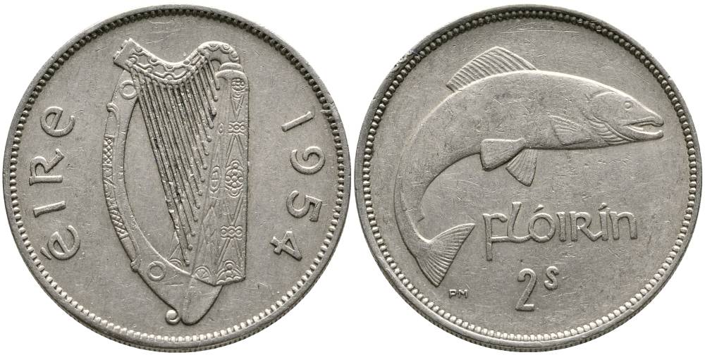 ИРЛАНДИЯ 1 ФЛОРИН = 2 ШИЛЛИНГА 1954 ЛОСОСЬ KM 15а медно-никель 4531-814